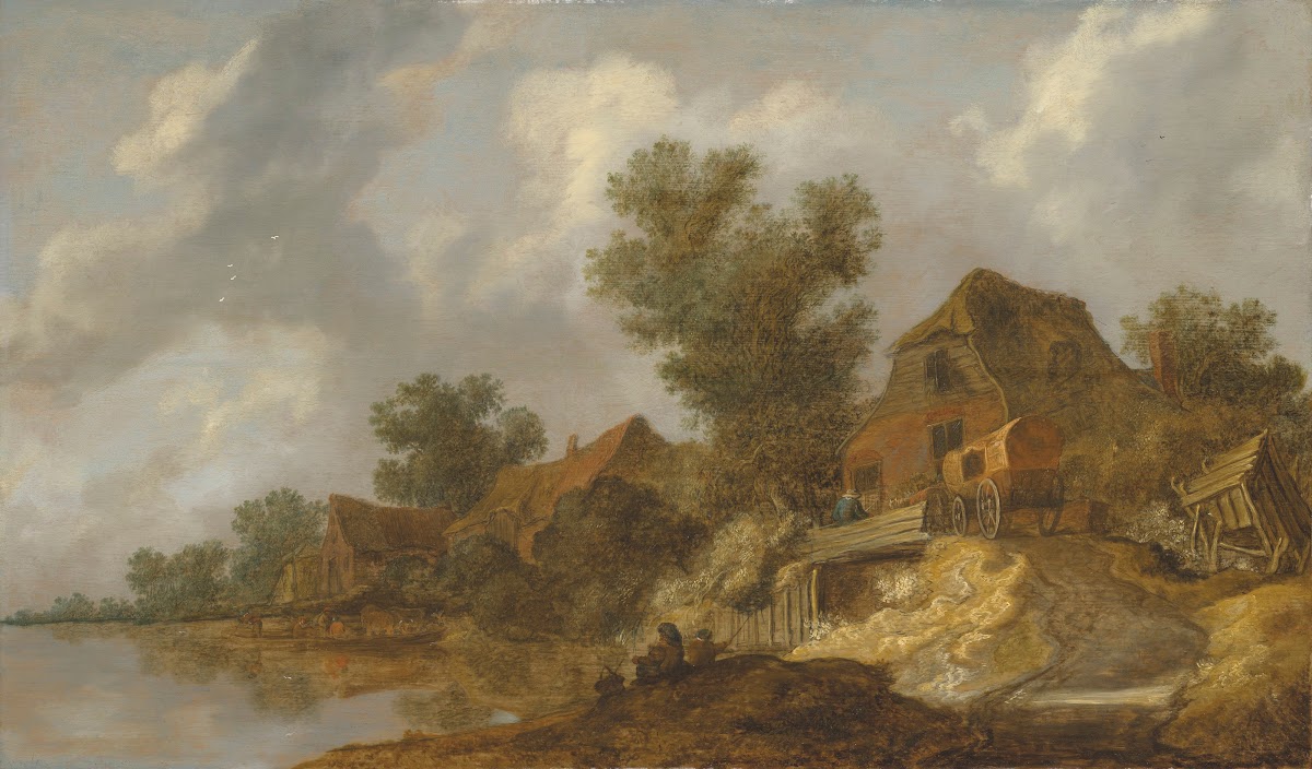 A river landscape with a ferry and fisherfolk a carriage on a bridge near houses
