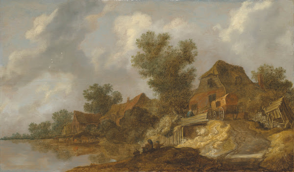 A river landscape with a ferry and fisherfolk a carriage on a bridge near houses