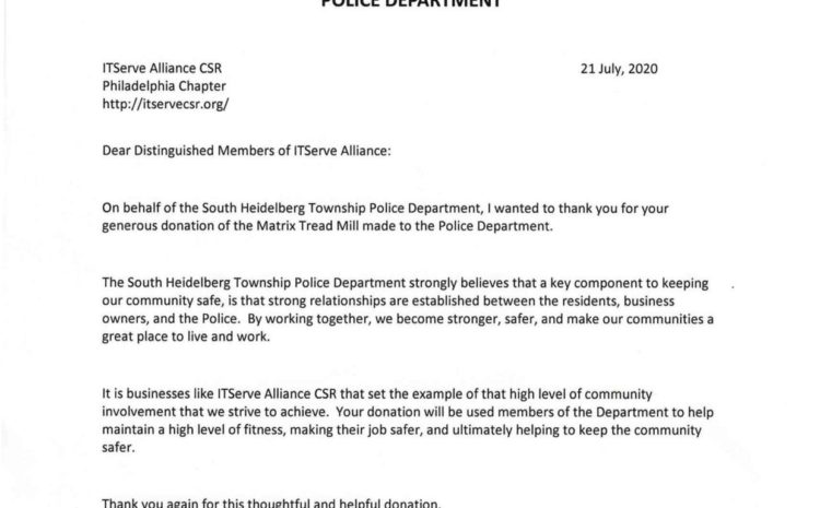 ITServe Alliance Philadelphia Chapter Received a Thank You letter from South Heidelberg Township Police Department