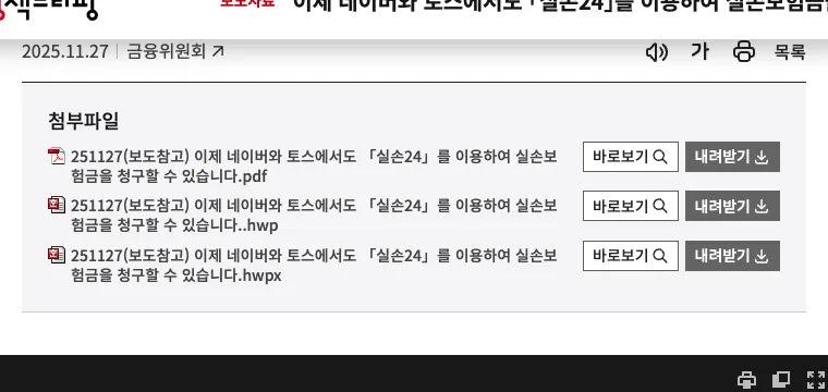 대한민국 정책브리핑 누리집의 네이버·토스 실손보험 청구 방법 마이데이터 동의 실손24 필터 안내 화면