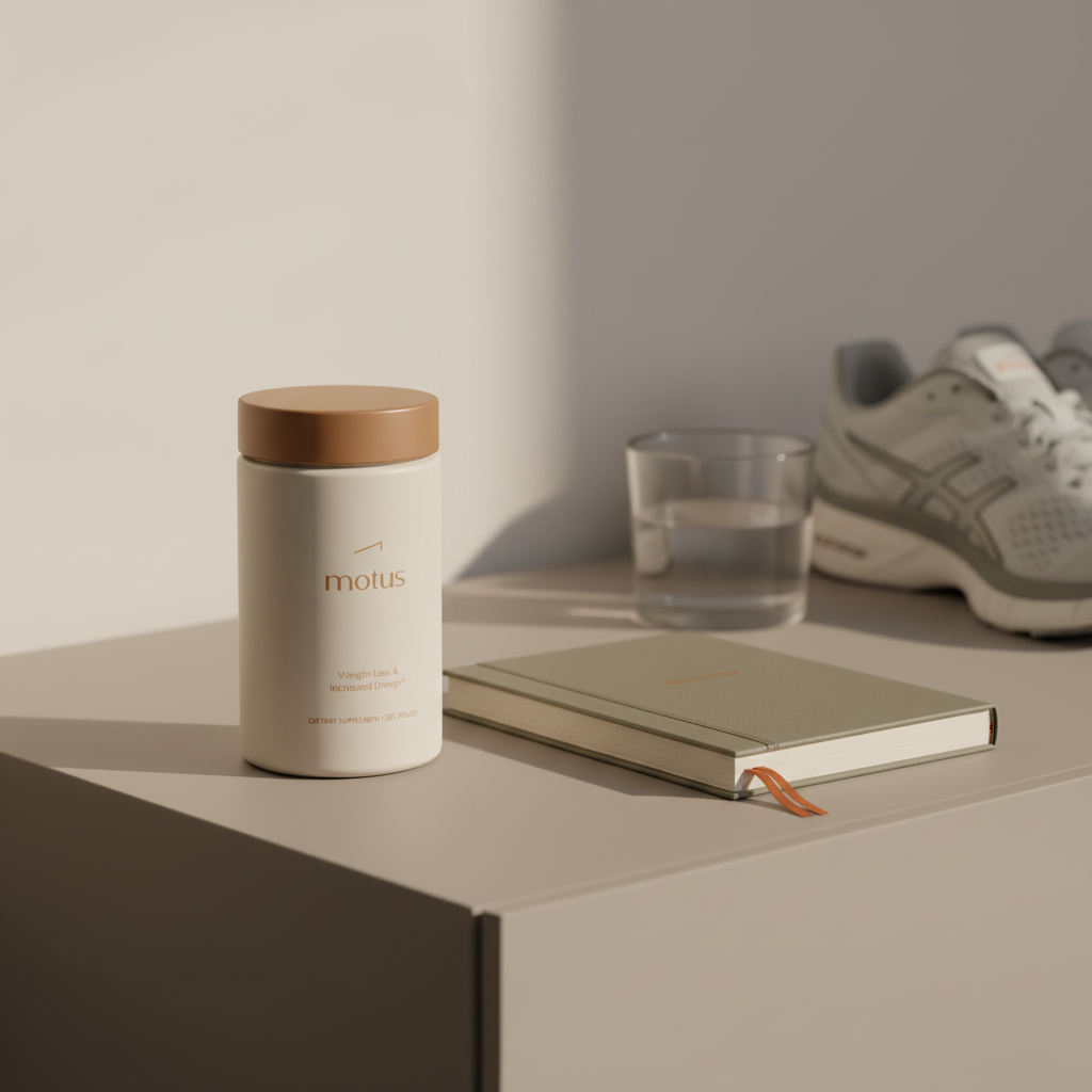 Close-up of Tonum Motus supplement container on a bedside table next to running shoes and a folded journal, minimalist Tonum styling, evoking vitamin D and weight loss.
