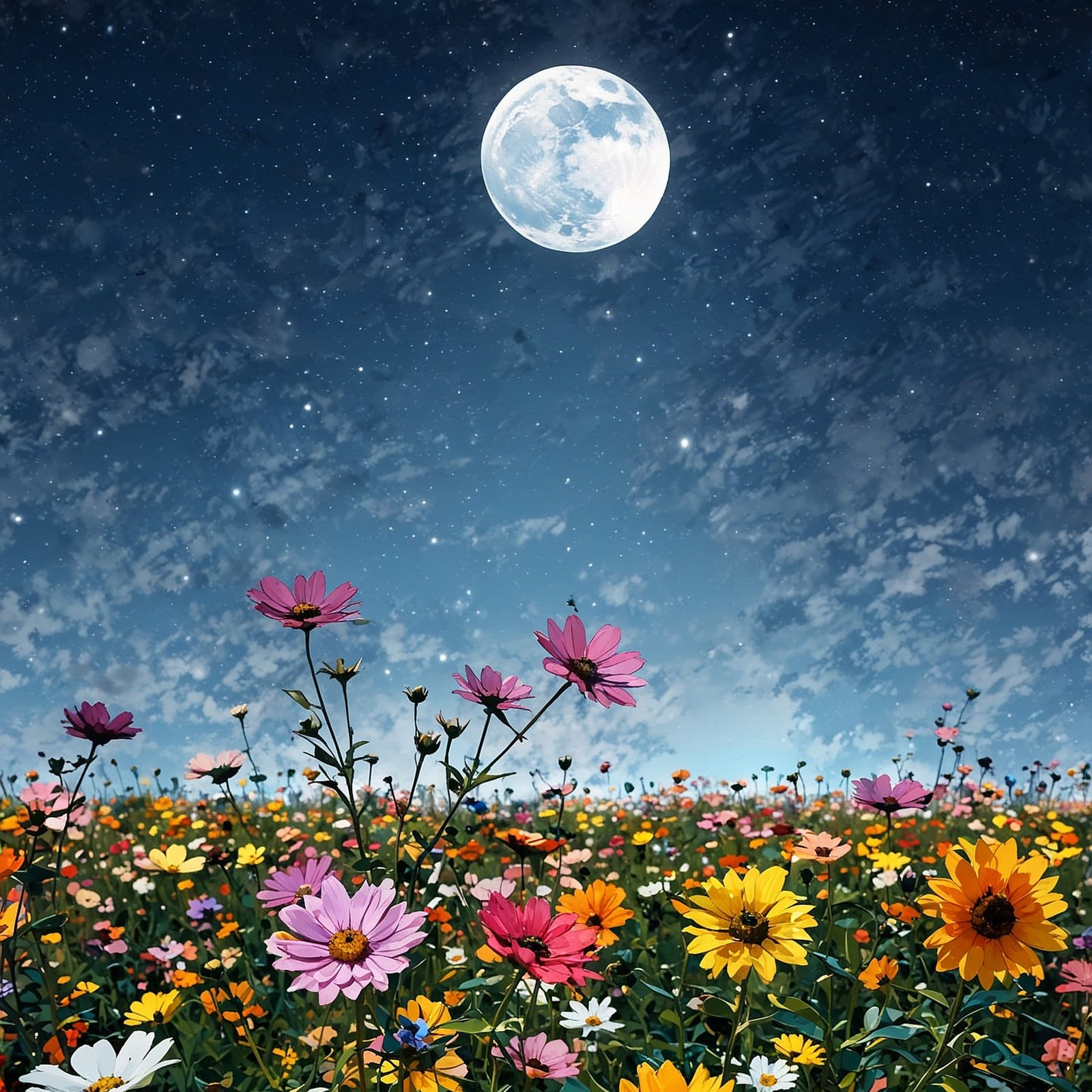 Download Flower Field, Moonlight, Night Sky, Cosmos Flowers 2K iPhone