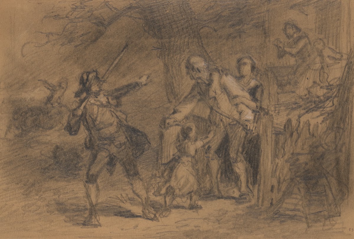Soldier taking leave of family at a gate