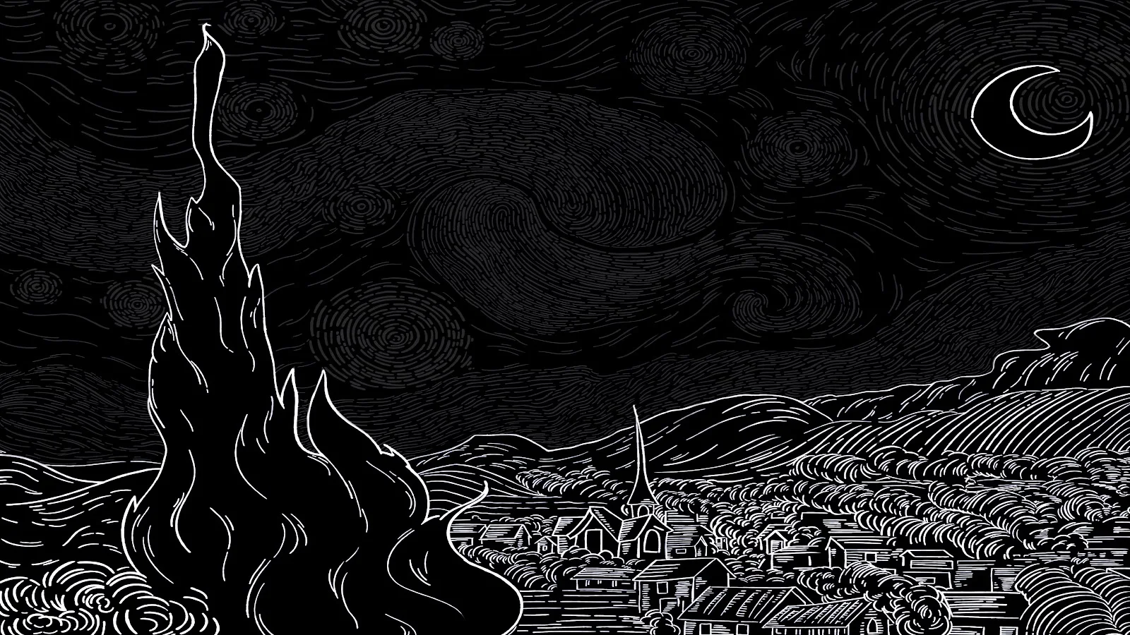 The Starry Night Line Art - Line Art Illustration 5K Wallpaper (5120x2880)