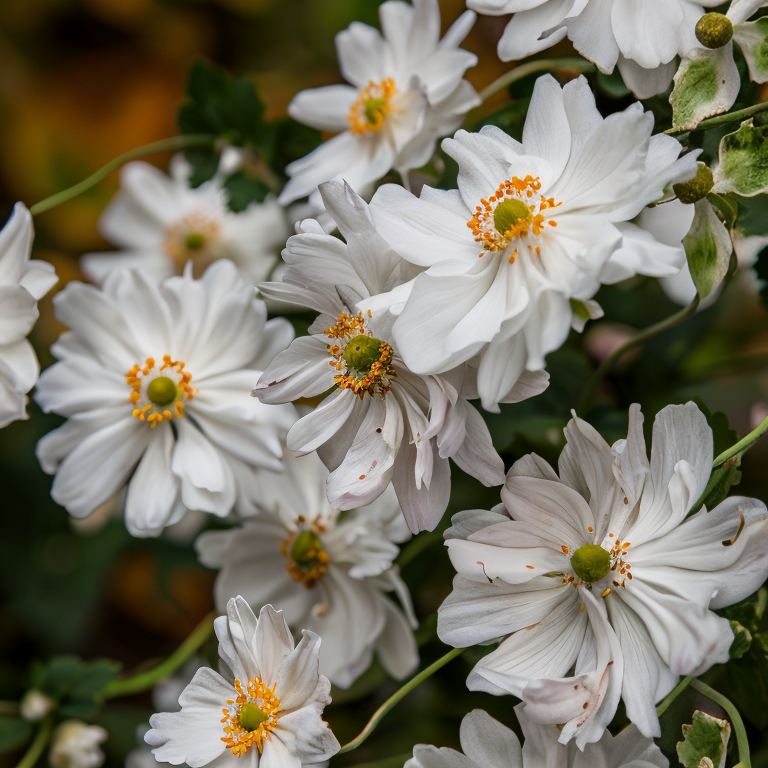Anemone x hybrida 'Whirlwind' con fiori bianchi doppi in un giardino ombreggiato