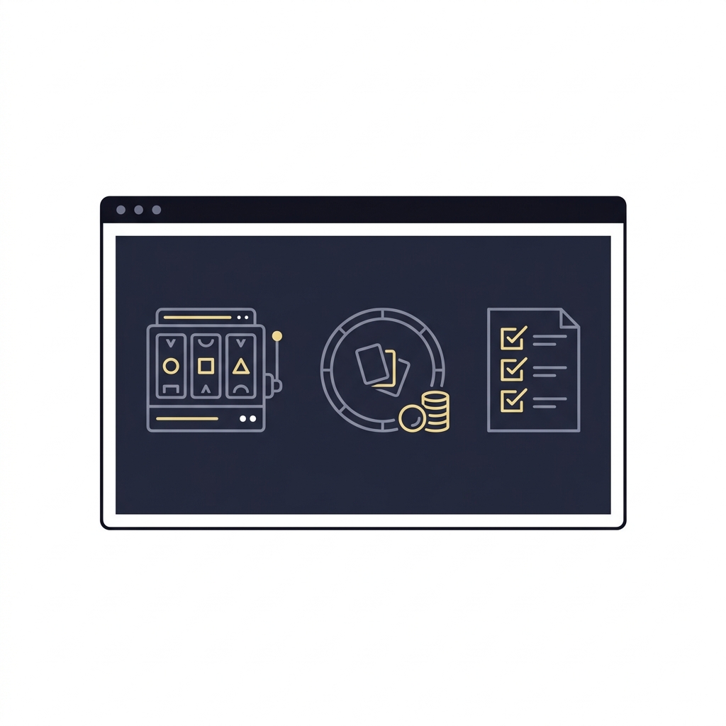 Flat 2D vector browser illustration showing slots poker table and regulatory checklist representing states where online gambling is legal in Funded Plays brand colors