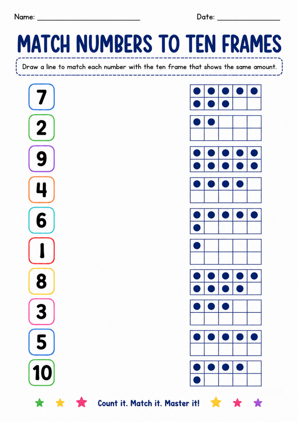 Match Numbers to Ten Frames Worksheet