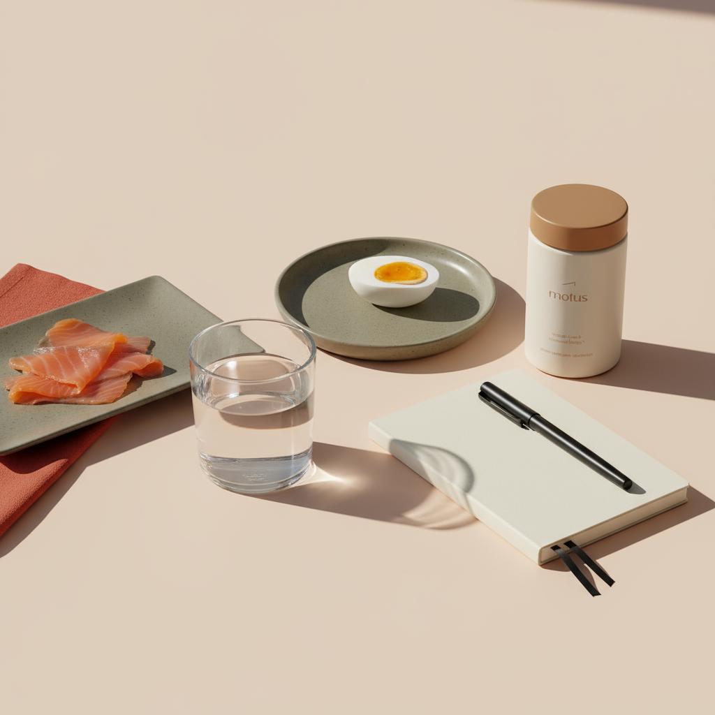 Which meal is best to skip for weight loss? Minimalist breakfast still life with egg, smoked salmon, Motus supplement jar, glass of water and notebook on Tonum background.