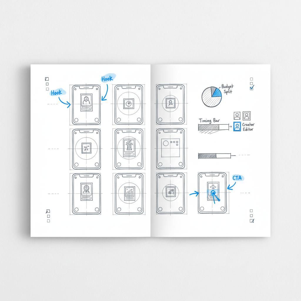 Top-down sketchbook illustration of a Reels storyboard for an Instagram sponsored post showing sequential vertical frames, hook and CTA arrows, and margin sketch notes.