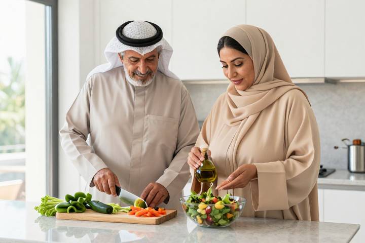 زوجان عربيان متقدمان في السن يشاركان في إعداد وجبة صحية في المطبخ
