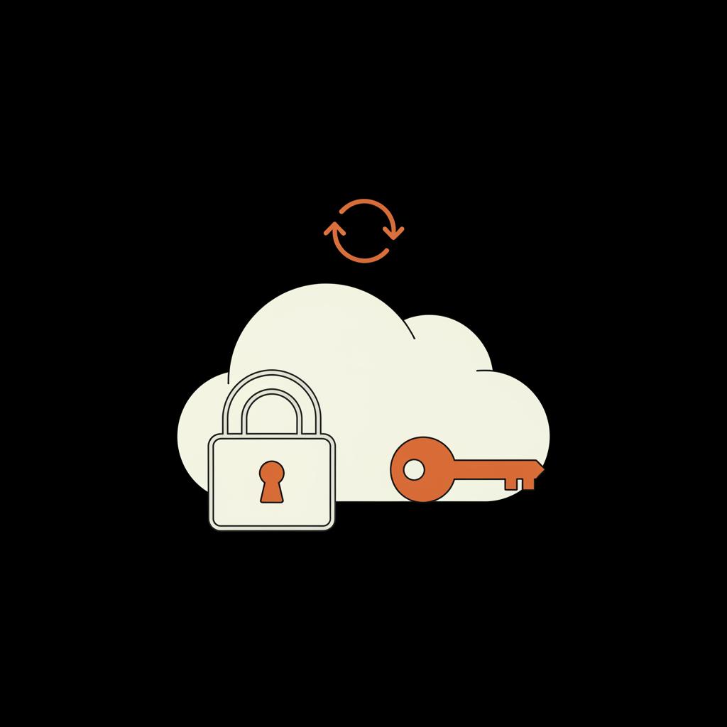 Minimal vector infographic of a cloud with a padlock and key icon representing encrypted backups on a black background, using brand colors — restore messages from Google Drive