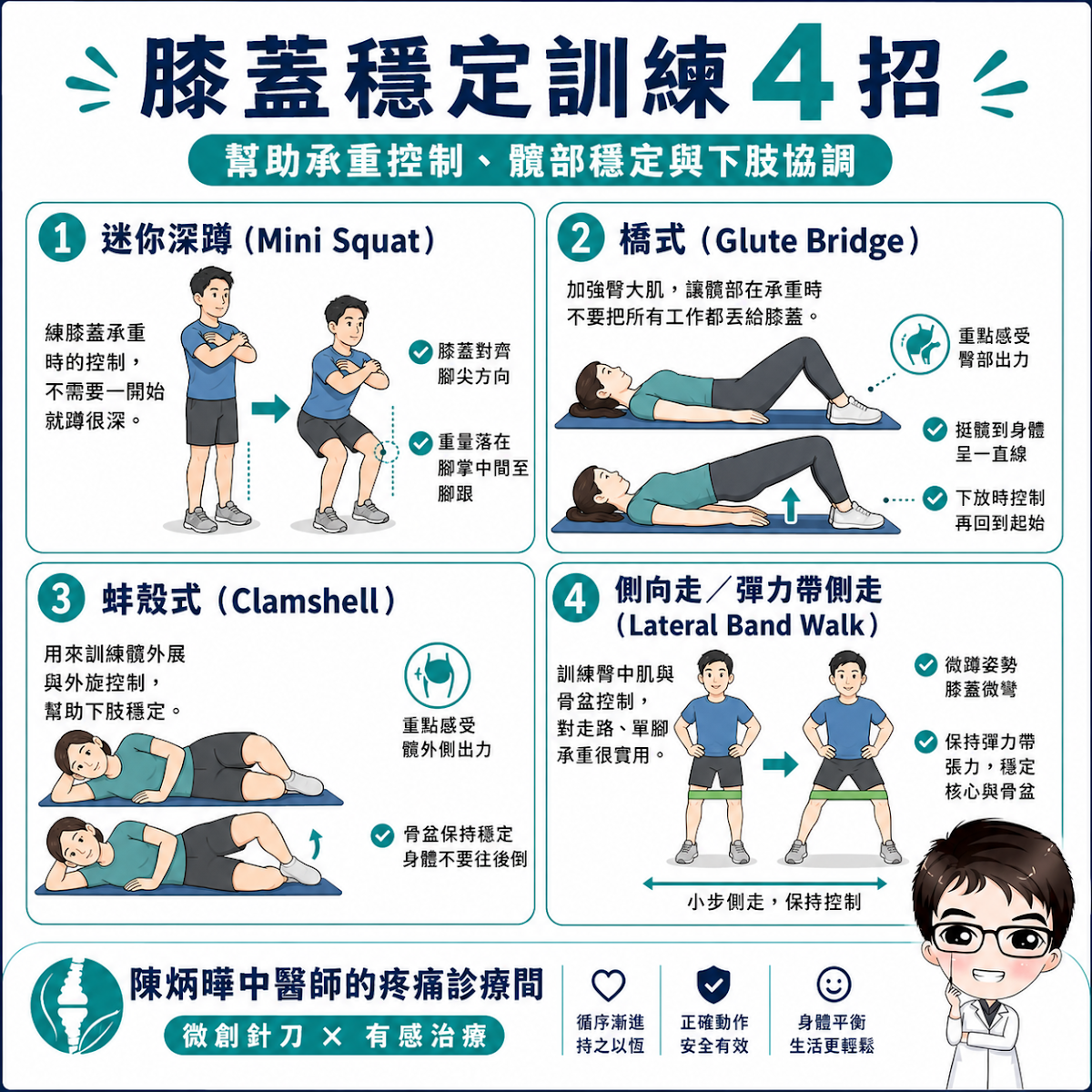 膝蓋穩定訓練4招：迷你深蹲、橋式、蚌殼式、彈力帶側走
