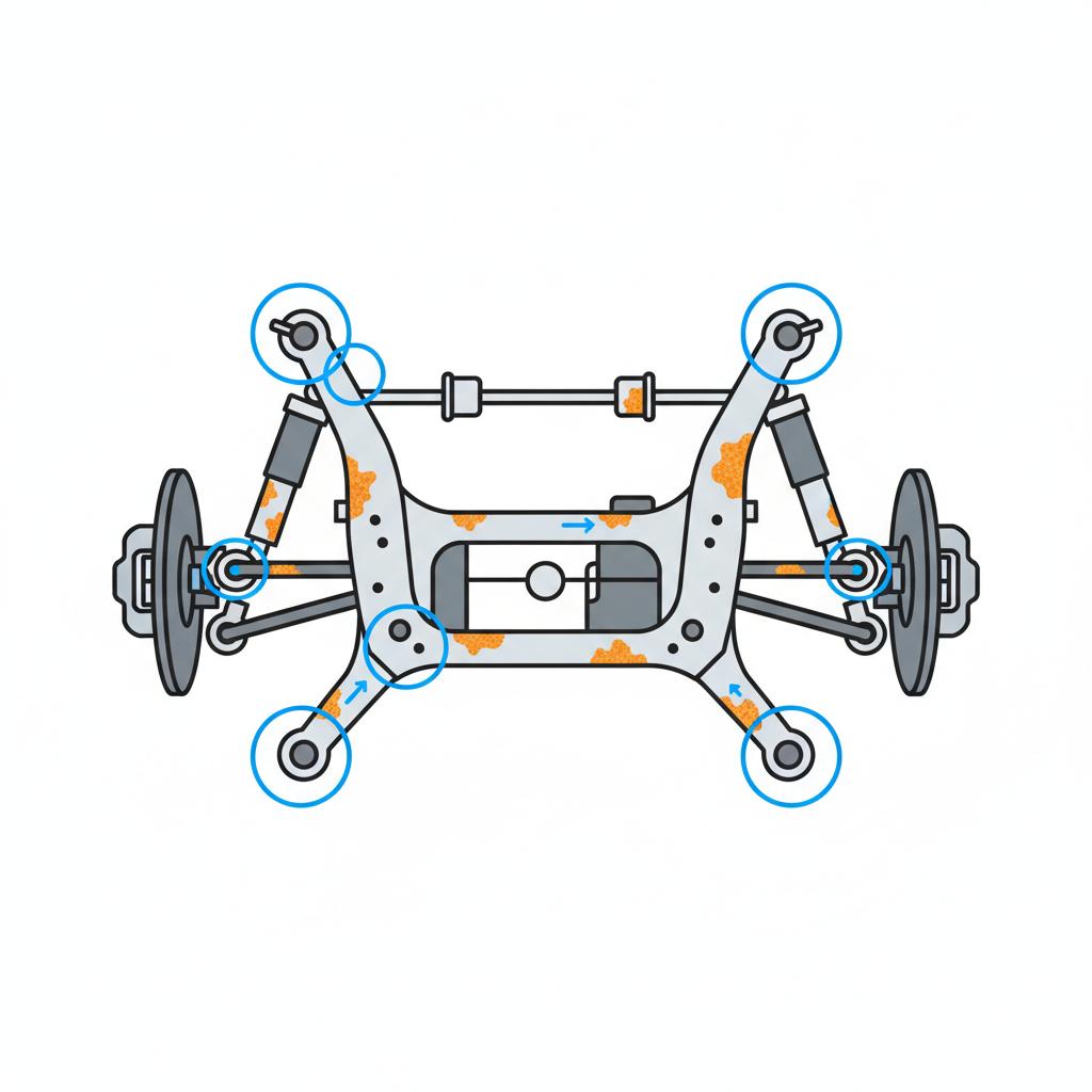 Minimalist 2D vector underbody view showing rear subframe and control arm with highlighted rust spots on white background using CarFax Deals blue accents honda crv for sale