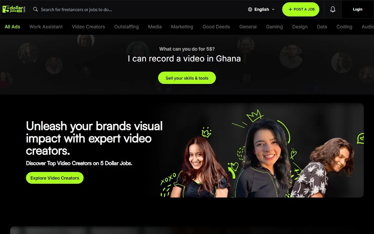 Captura de 5DollarJobs.com, Global gigs marketplace