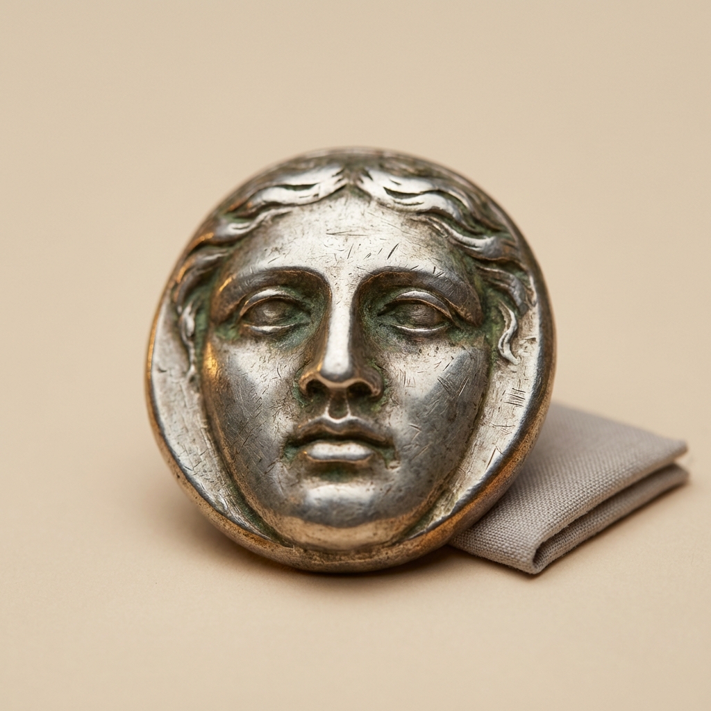 Close macro view of a carved silver intaglio face showing tool marks patina and wear on an ancient engagement rings style bezel against a warm beige background