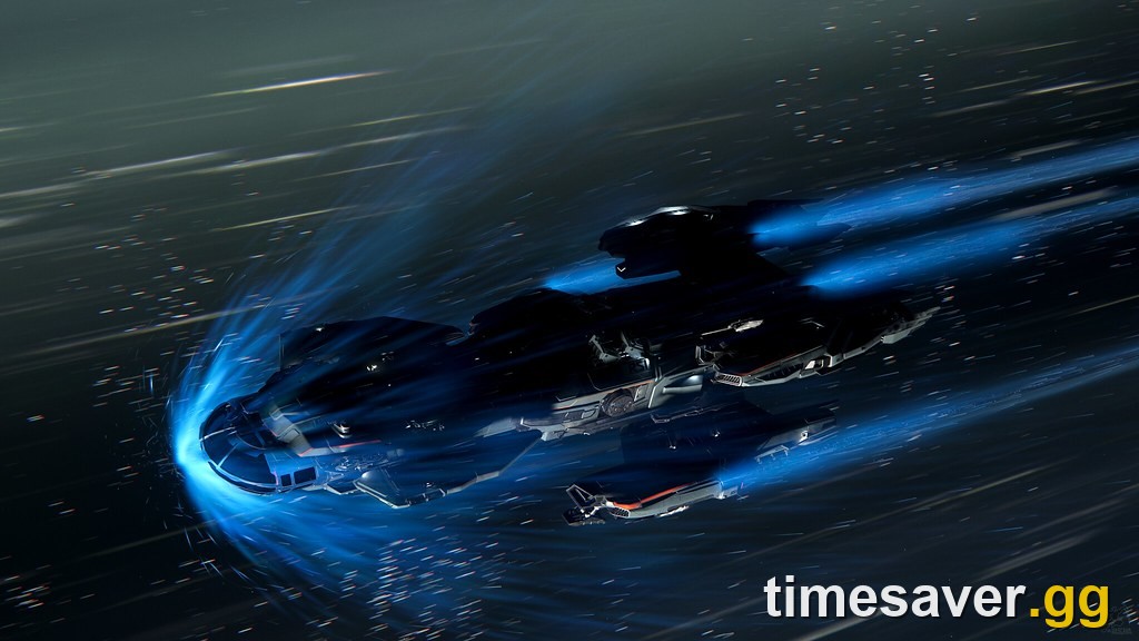 A Star Citizen ship in quantum travel, surrounded by the blue quantum-boost tunnel effect