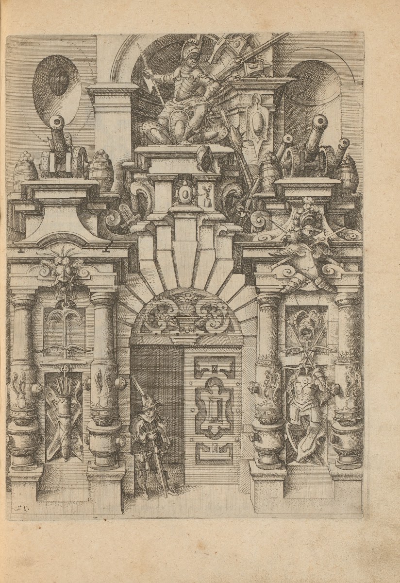 Portal decorated with cannons trophies and an armed man above the door 1593 1595