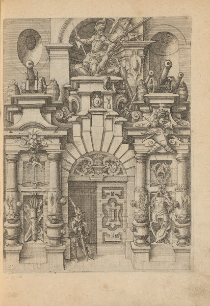 Portal decorated with cannons trophies and an armed man above the door 1593 1595