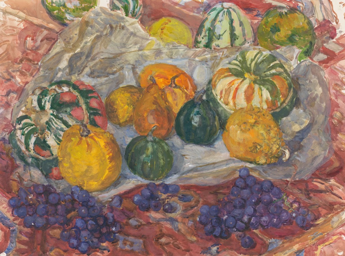 Stilleven van pompoenen en druiven op een kleed 1872   1950