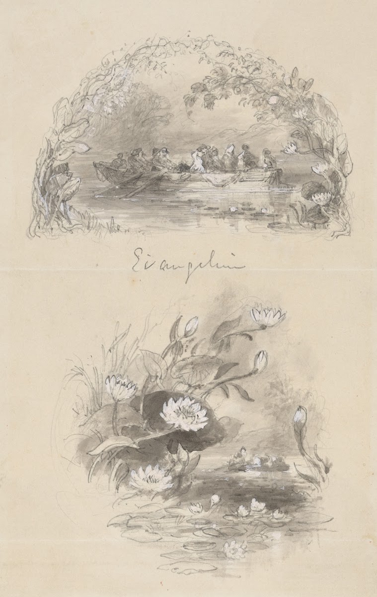 People in rowboat and waterlilies