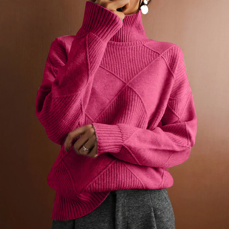Women's knitted sweater with high collar, solid color