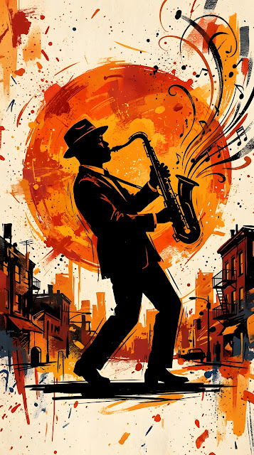 Silhouette of a Jazz Saxophone Player against an Orange Sun - Free mobile Wallpaper