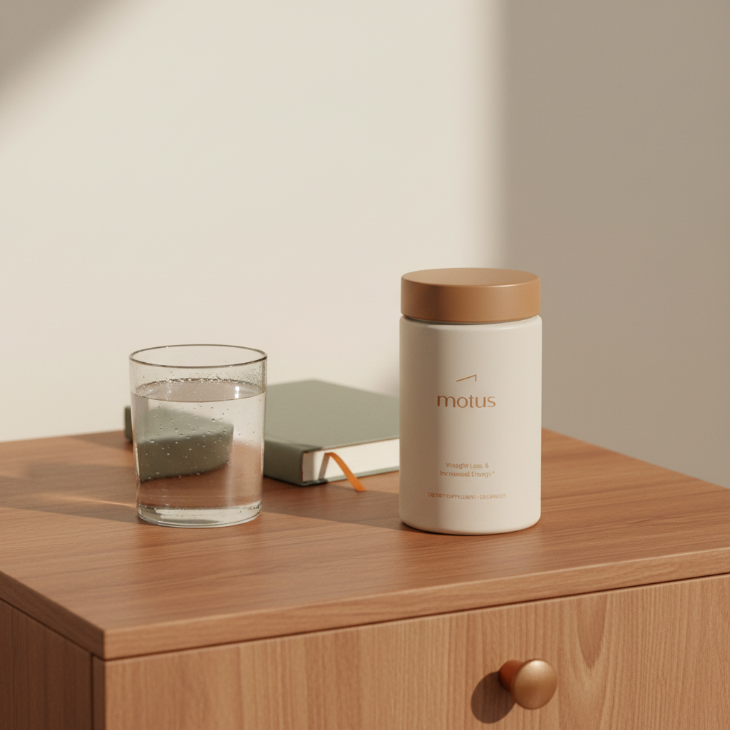 Minimal bedside scene showing the Motus supplement jar beside a journal and glass of water, suggesting a daily ritual for belly fat supplements and weight loss.