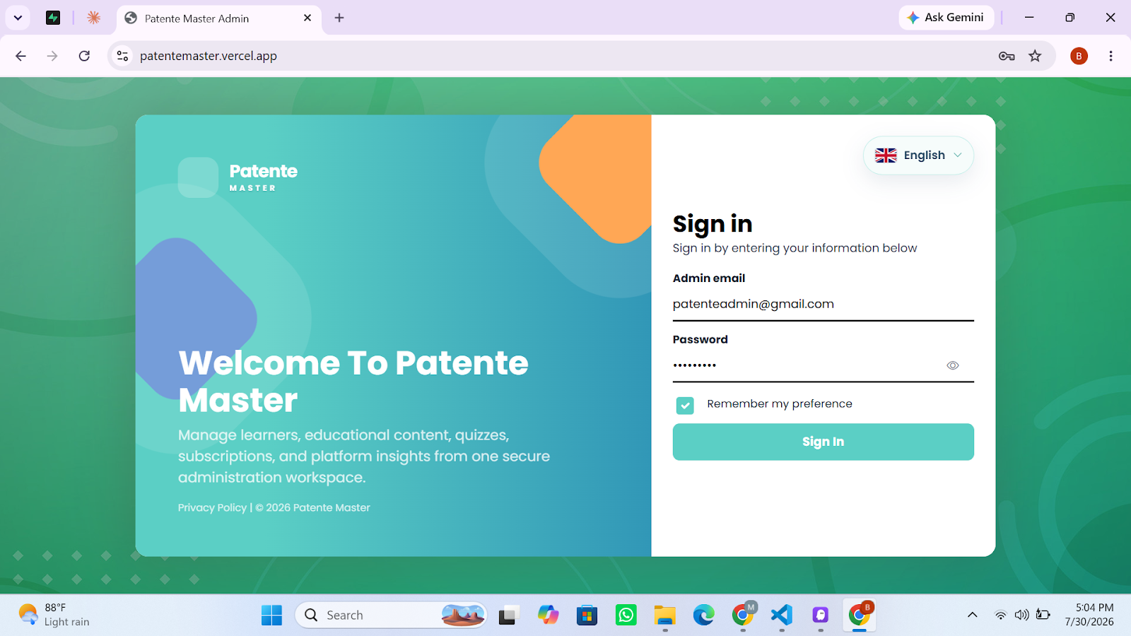 Patente Master — Admin Dashboard