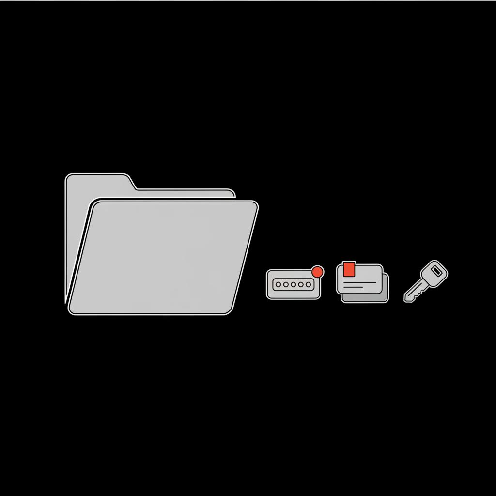Minimal flat vector of a secure folder with icons for passwords, backup codes, and a security key on a black background using Social Success Hub palette for gmail account recovery