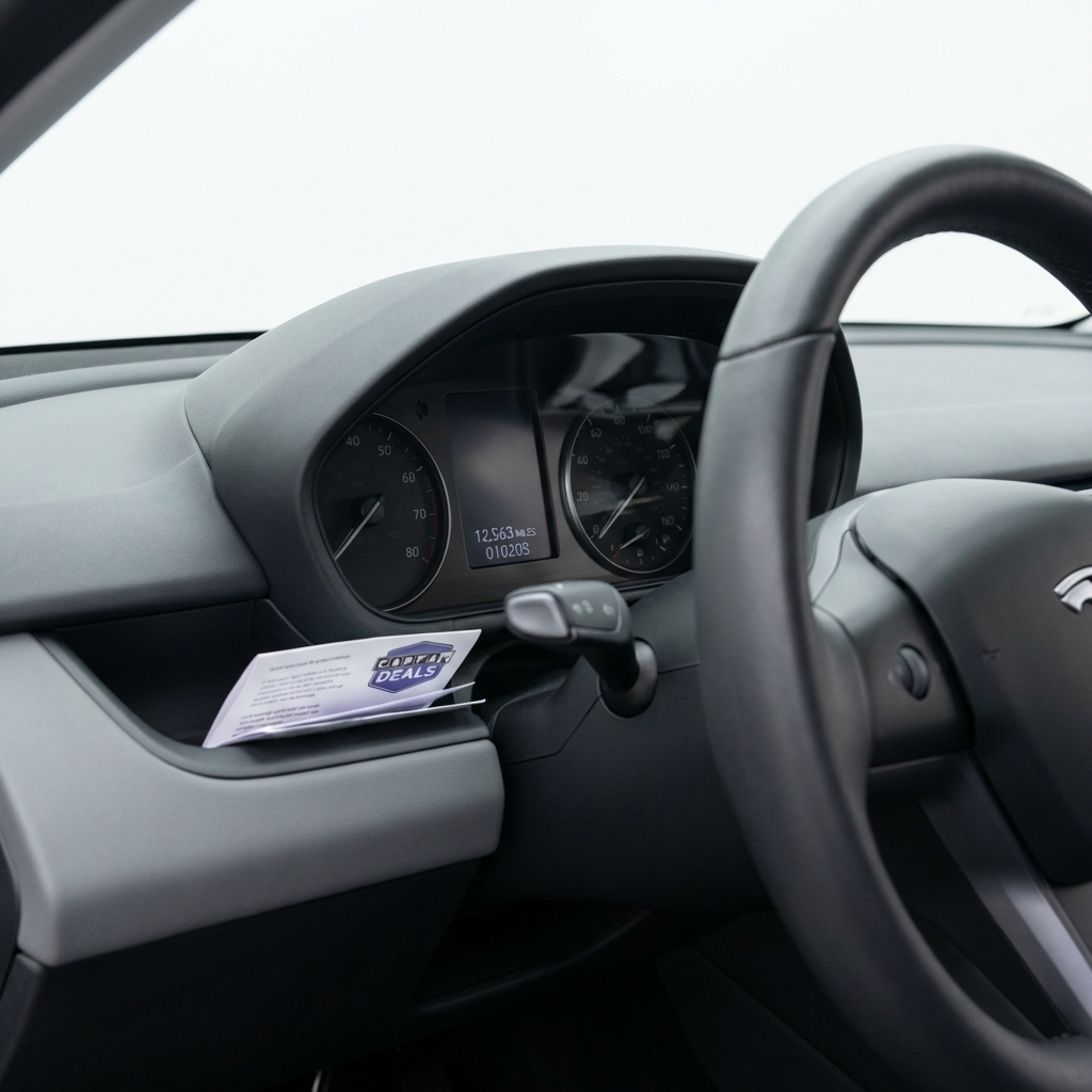 Close up odometer and steering wheel interior showing miles reading and dashboard details minimalist layout white background best mileage to buy a second hand car