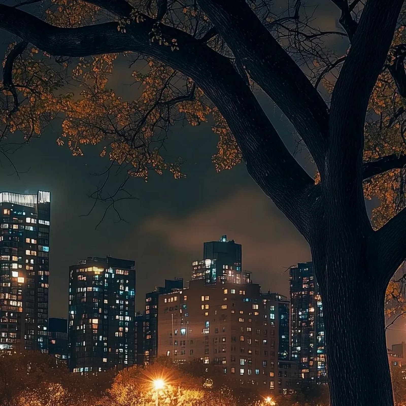 Download Night Cityscape, Urban Park Night, Park Bench View, Evening Streetlights Full HD iPhone