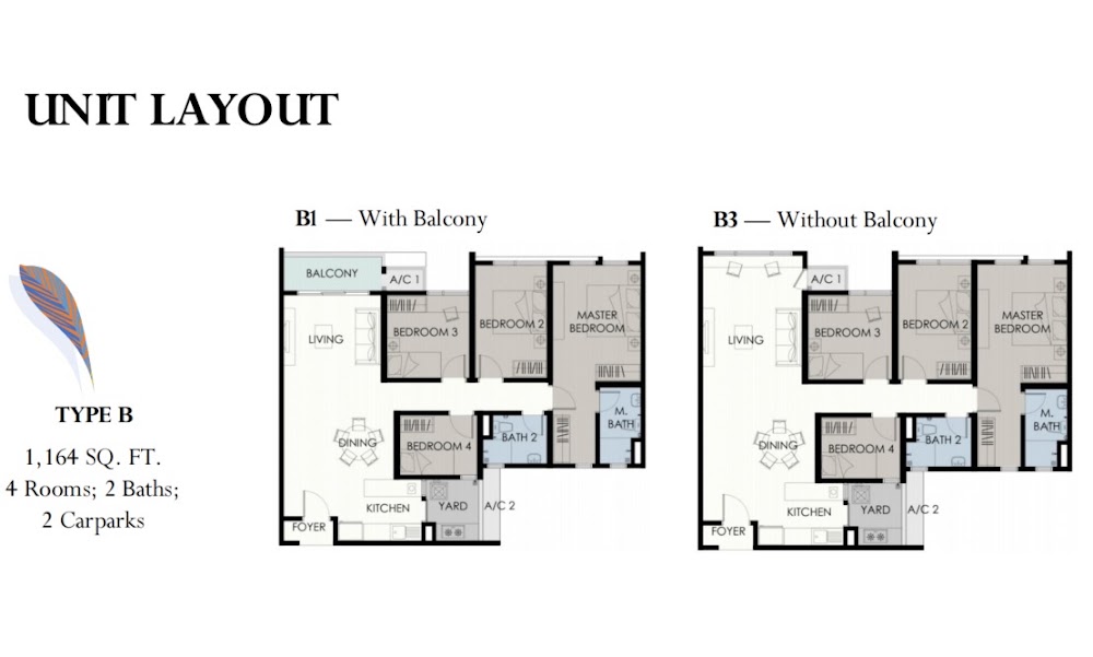 Forest Hill Type B floor plan — 1068 sq ft, 3 bedrooms