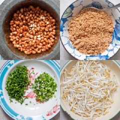 Rang cho đậu phộng chín và tỏa mùi hương, giã lạc ra, cắt nhỏ cần tây, hành lá, trụng giá qua nước nóng.