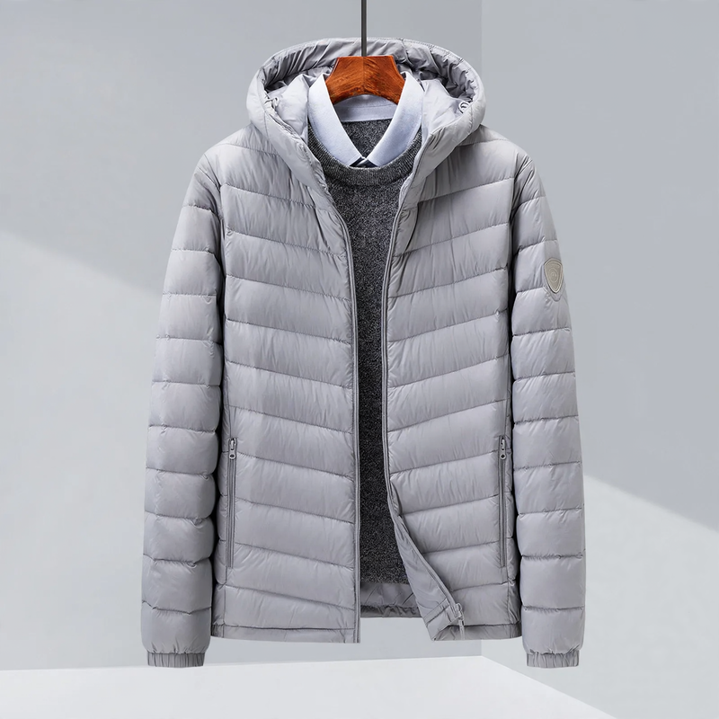 Light men's down jacket, hood or stand-up collar