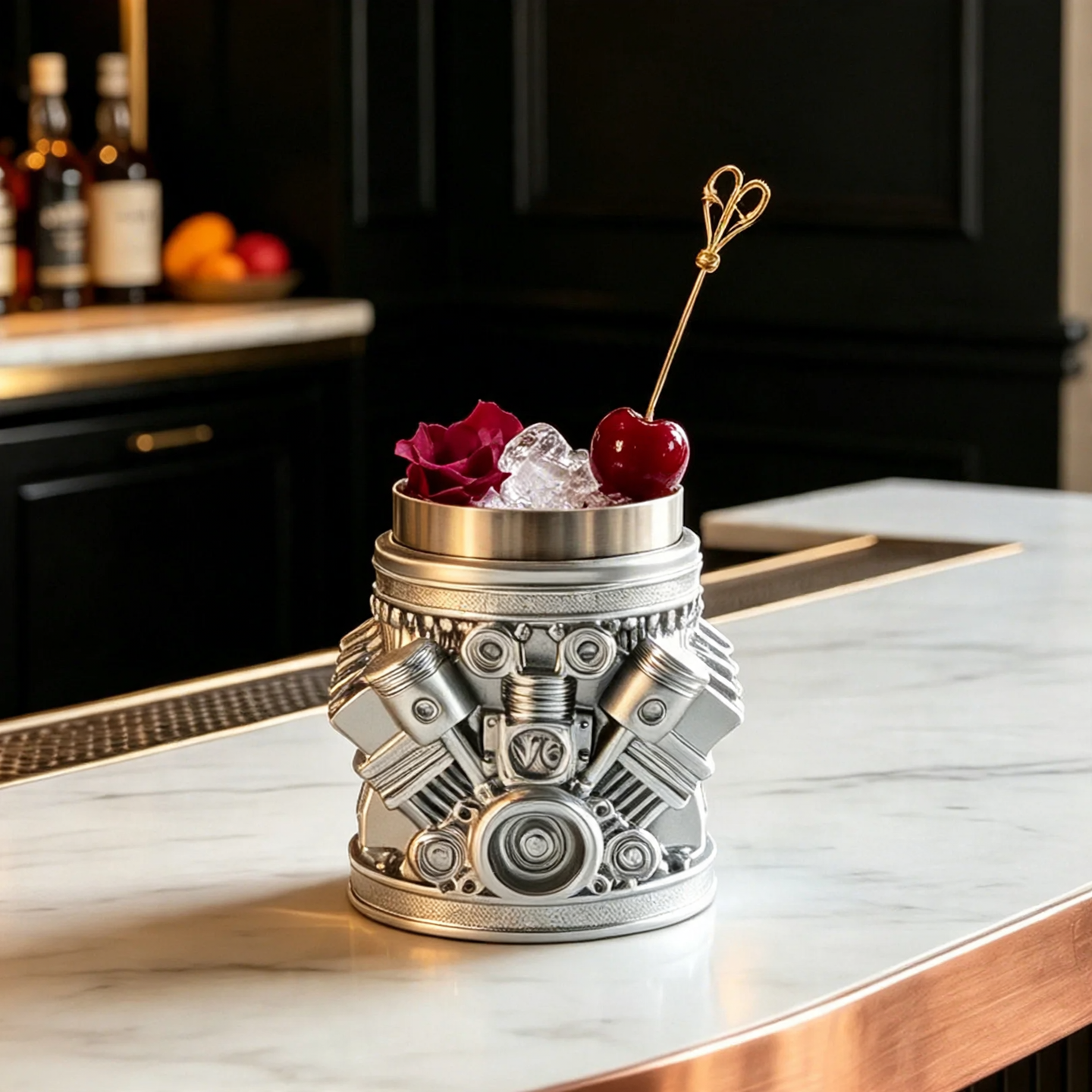 Stainless steel mug with engine design