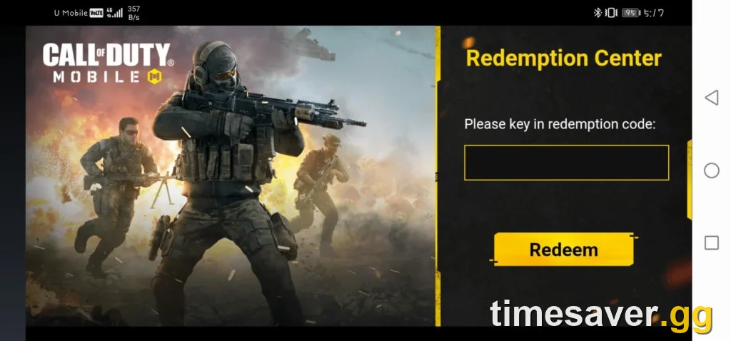 Call of Duty: Mobile Redemption Center screen with the redemption-code entry box