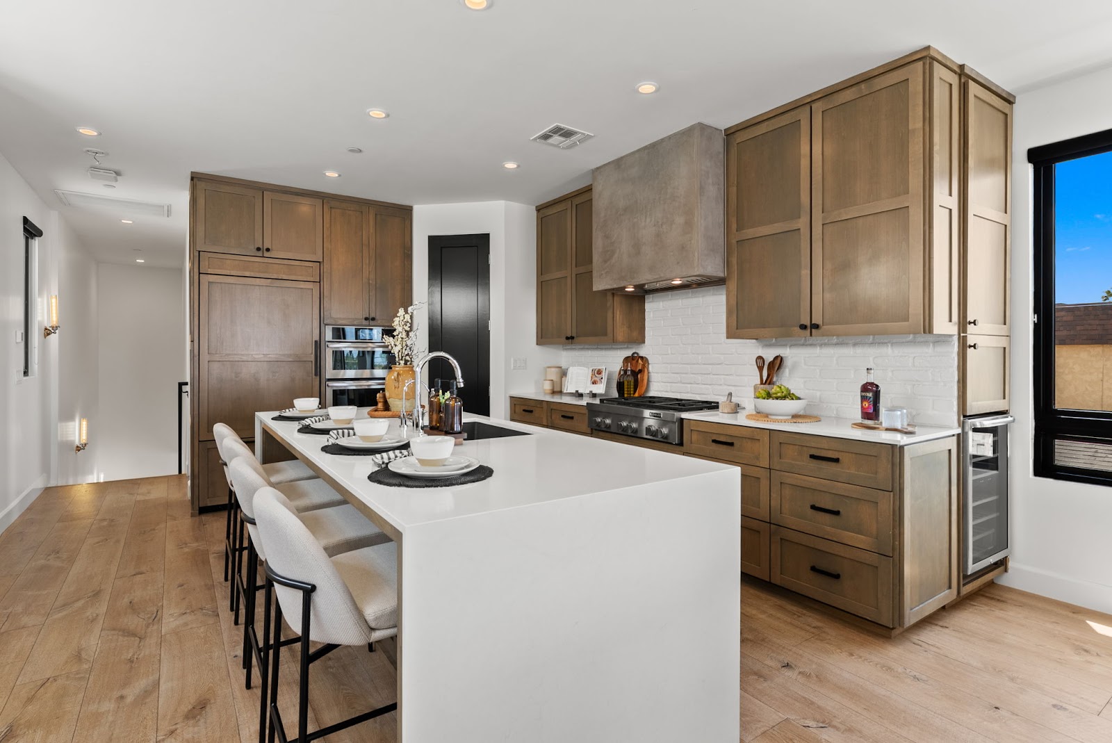 Chef's kitchen with waterfall island