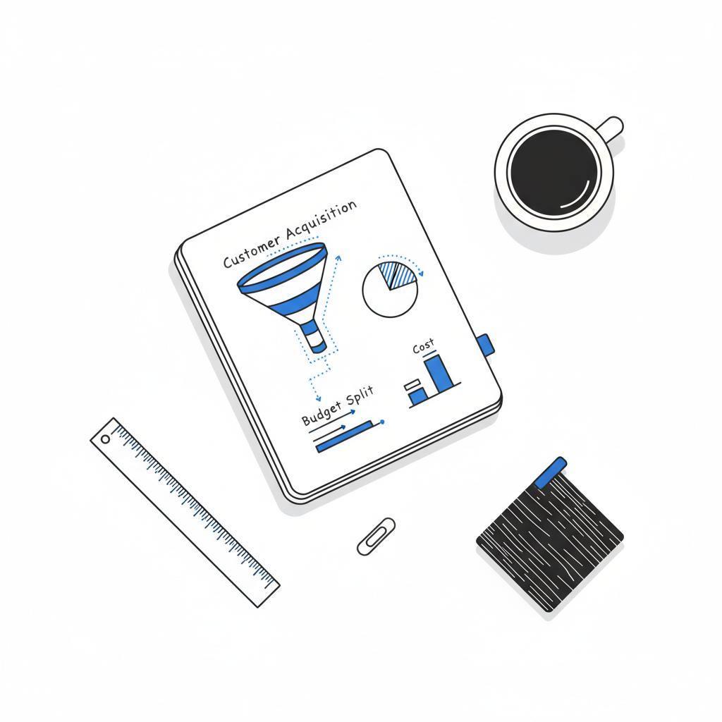 Vector flat-lay of ruler, notebook with sketched funnel, coffee cup and material swatch on white background &mdash; How much does HomeAdvisor charge per lead?