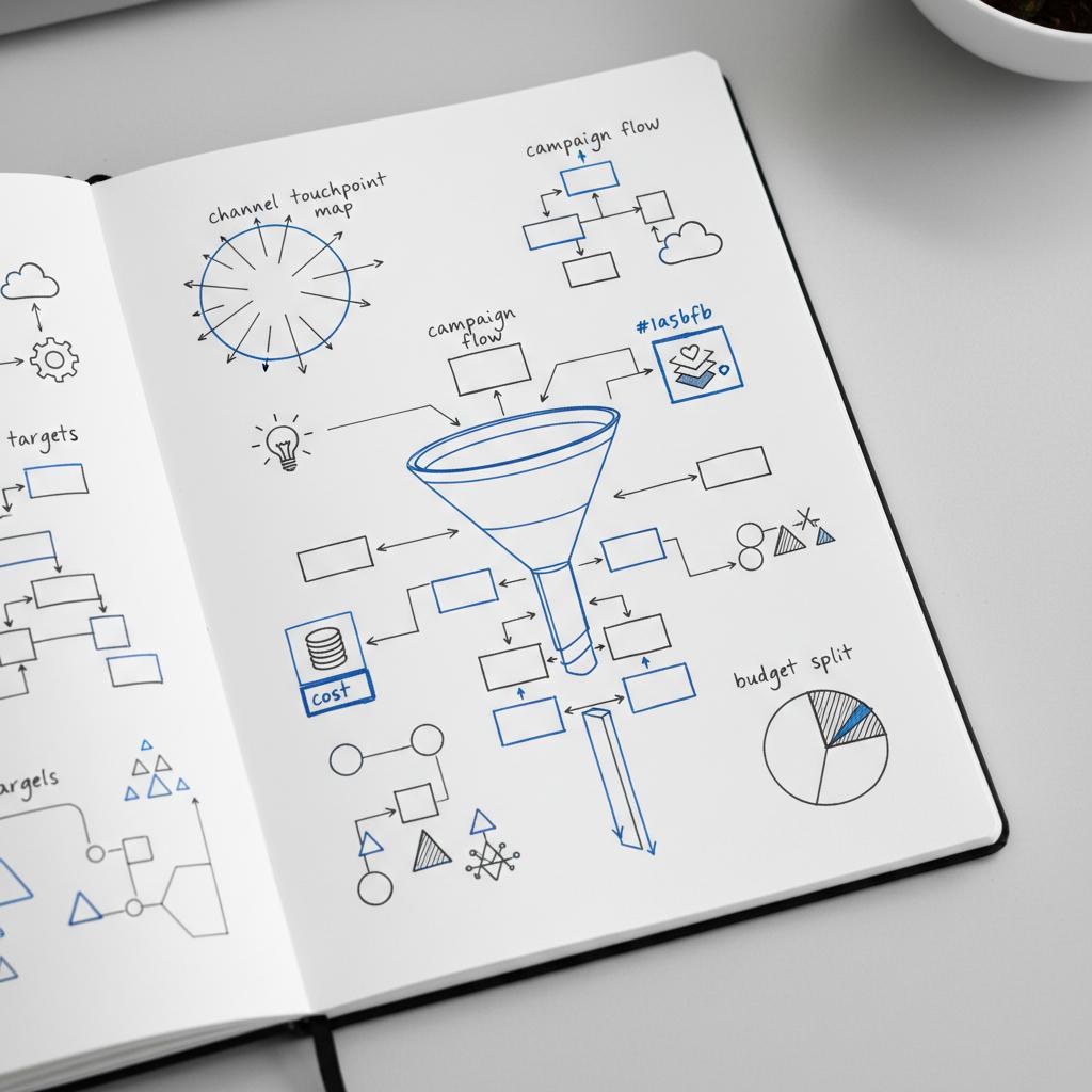 Close-up open sketchbook showing hand-drawn customer journey funnel with #39383f ink and #1a5bfb accents, abstract channel icons and pictogram cost markers for lead generation agency cost