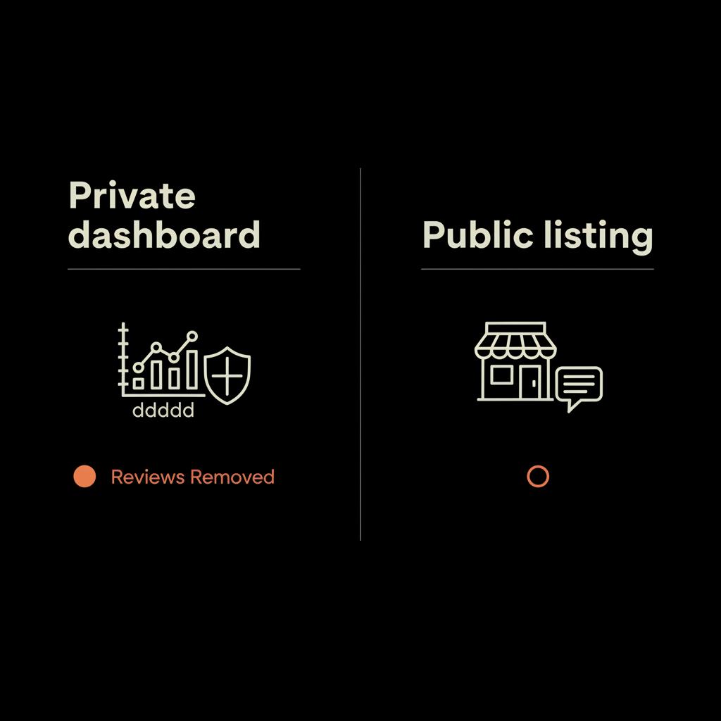 Minimal split-panel infographic of private dashboard vs public listing with vector icons and accent highlights, showing Google reviews removed February 2025 on black background