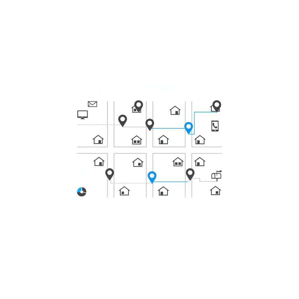 Minimal 2D vector neighborhood map with charcoal pins and blue accents showing digital ad, mailbox, and phone touchpoints, illustrating best advertising for roofers