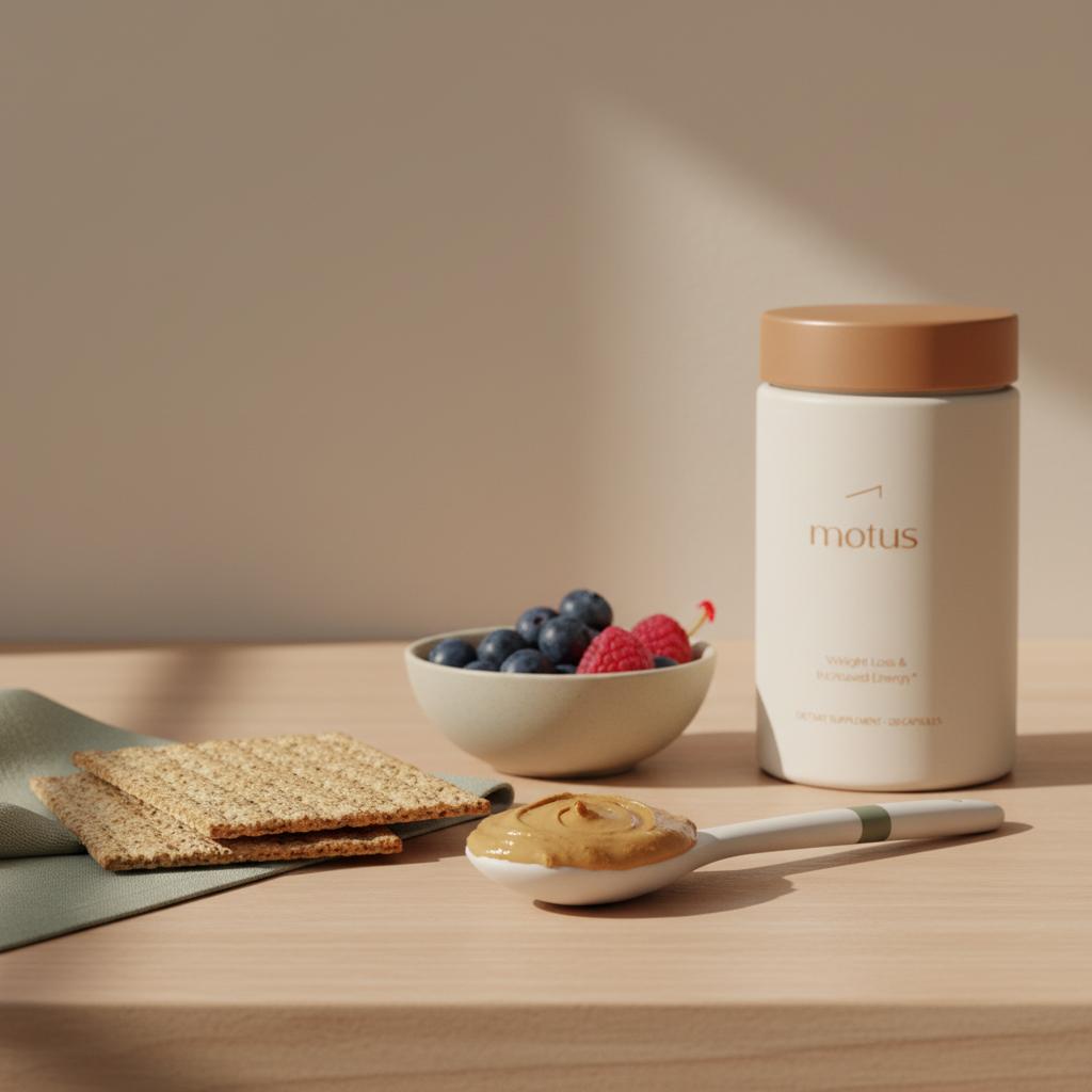 Minimal kitchen counter with a tablespoon of peanut butter on a ceramic spoon, crispbreads, berries and a Motus bottle — peanut butter and metabolic syndrome
