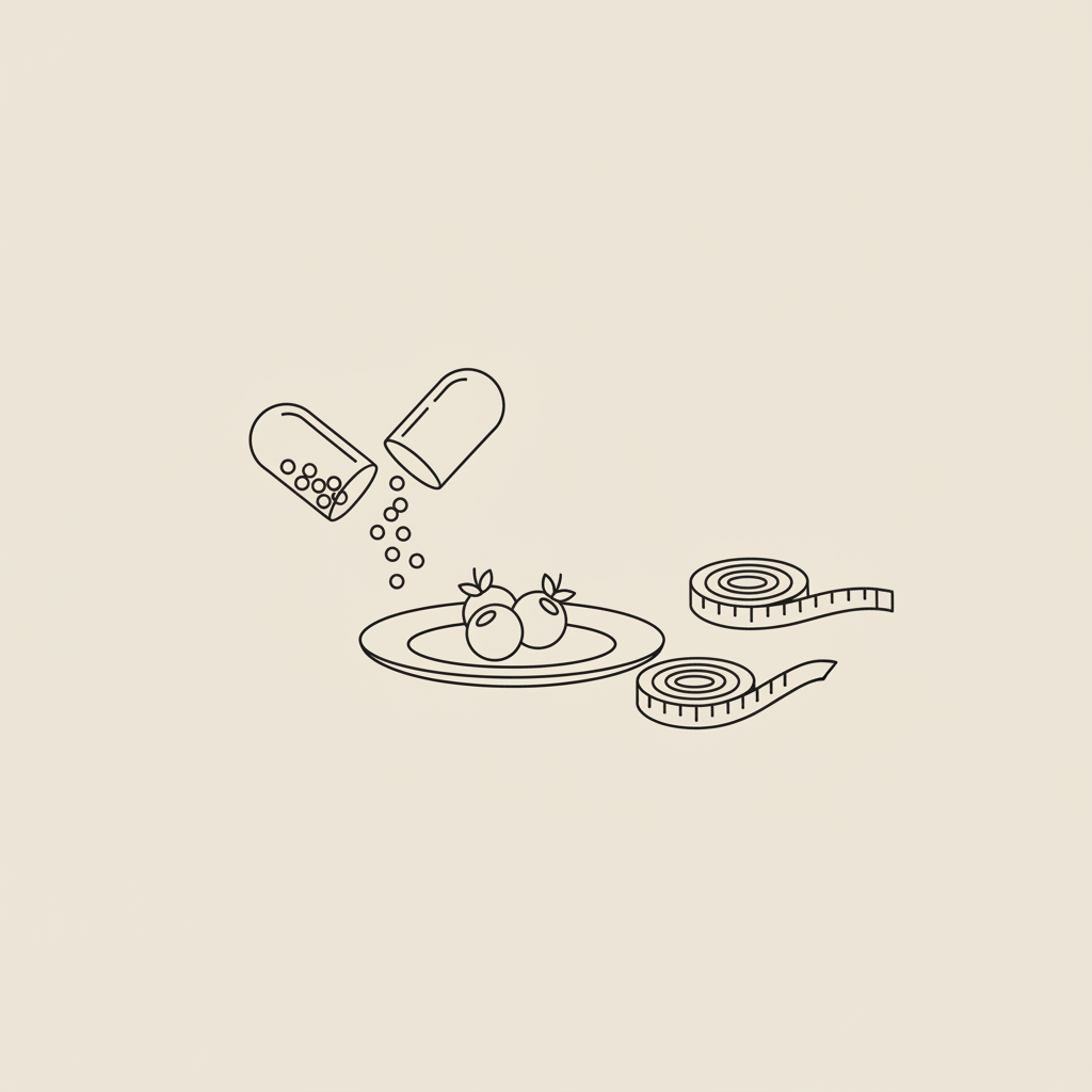 Minimalist Tonum-style line illustration of an open probiotics capsule with beads spilling toward a small plate of berries and a coiled measuring tape on a beige background.