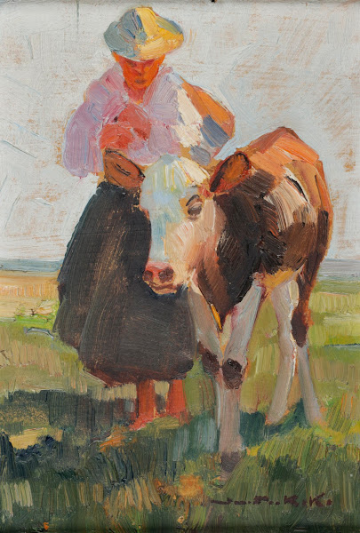 Bäuerin mit Kalb