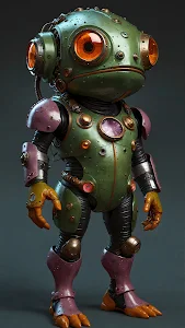 Steampunk Frog Robot in Green and Bronze Armor Suit