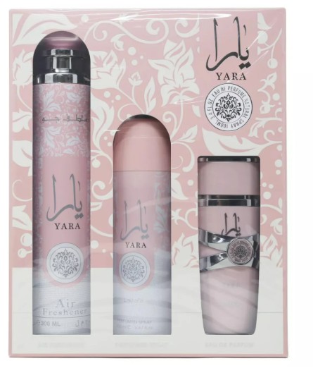 ESTUCHE LATTAFA YARA MUJER 3PZS 100ML EDP + DESODORANTE + AMBIENTADOR DE HOGAR