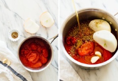 Tỏi và hành tây bóc vỏ, thái đôi. Bạn chọn cà chua hộp thì làm sẽ nhanh hơn nhưng nếu bạn chọn cà chua tươi, hãy trụng với nước sôi rồi lột vỏ, thái nhỏ, cho vào nồi cùng tỏi, dầu olive, lá oregano khô, muối, bắc lên bếp với lửa vừa trong 45 phút cho đến khi chín nhừ.
