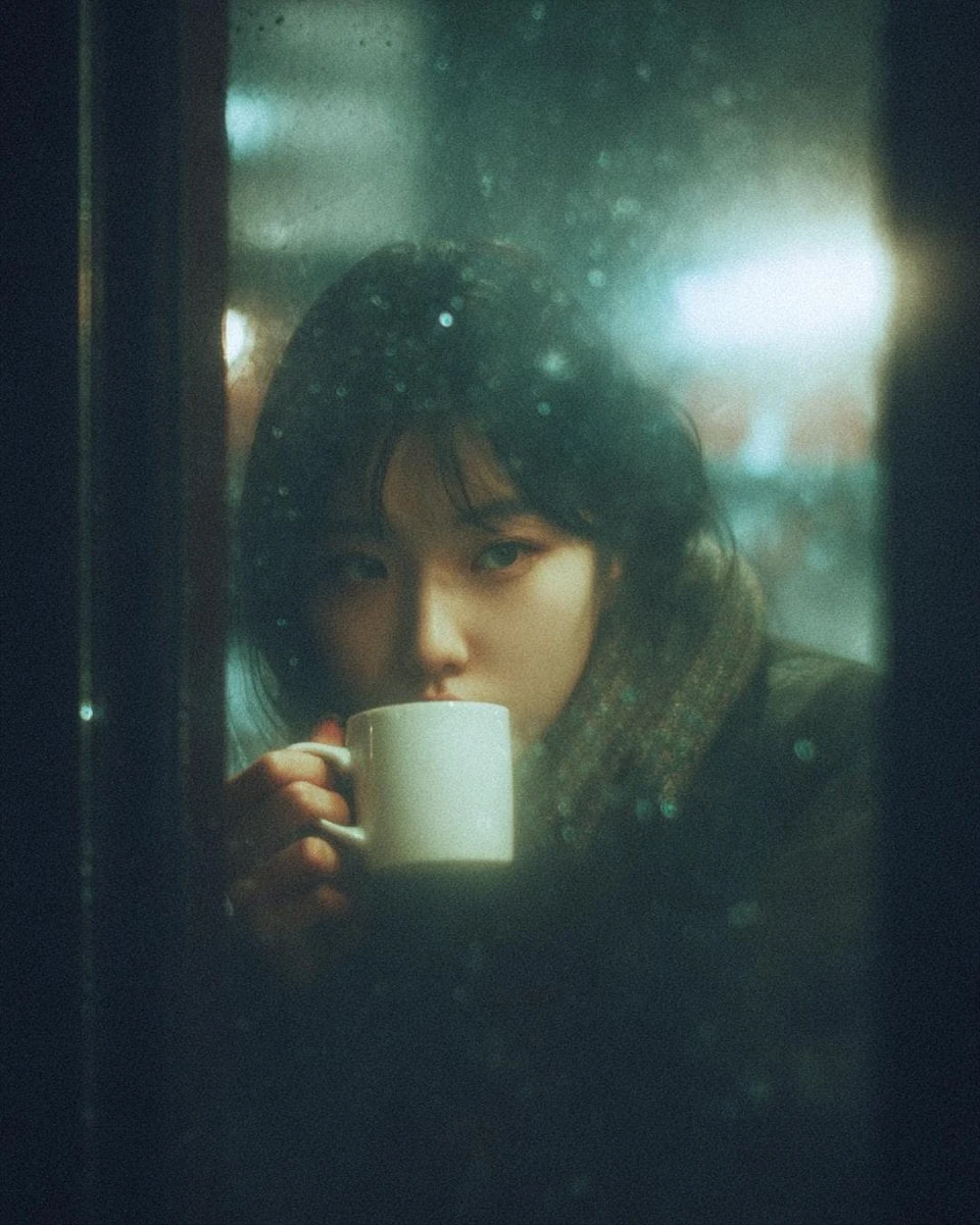 Una fotografía cinematográfica y melancólica de una joven sentada en el interior de un café por la noche, vista a través de una ventana cubierta por la lluvia.