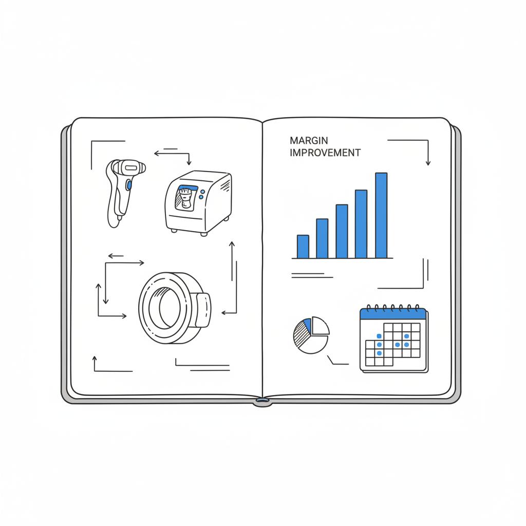Minimal vector notebook sketch with dental equipment icons (scanner, milling unit, CBCT), a rising bar chart and a small calendar grid using Agency Visible colors for most profitable dental service
