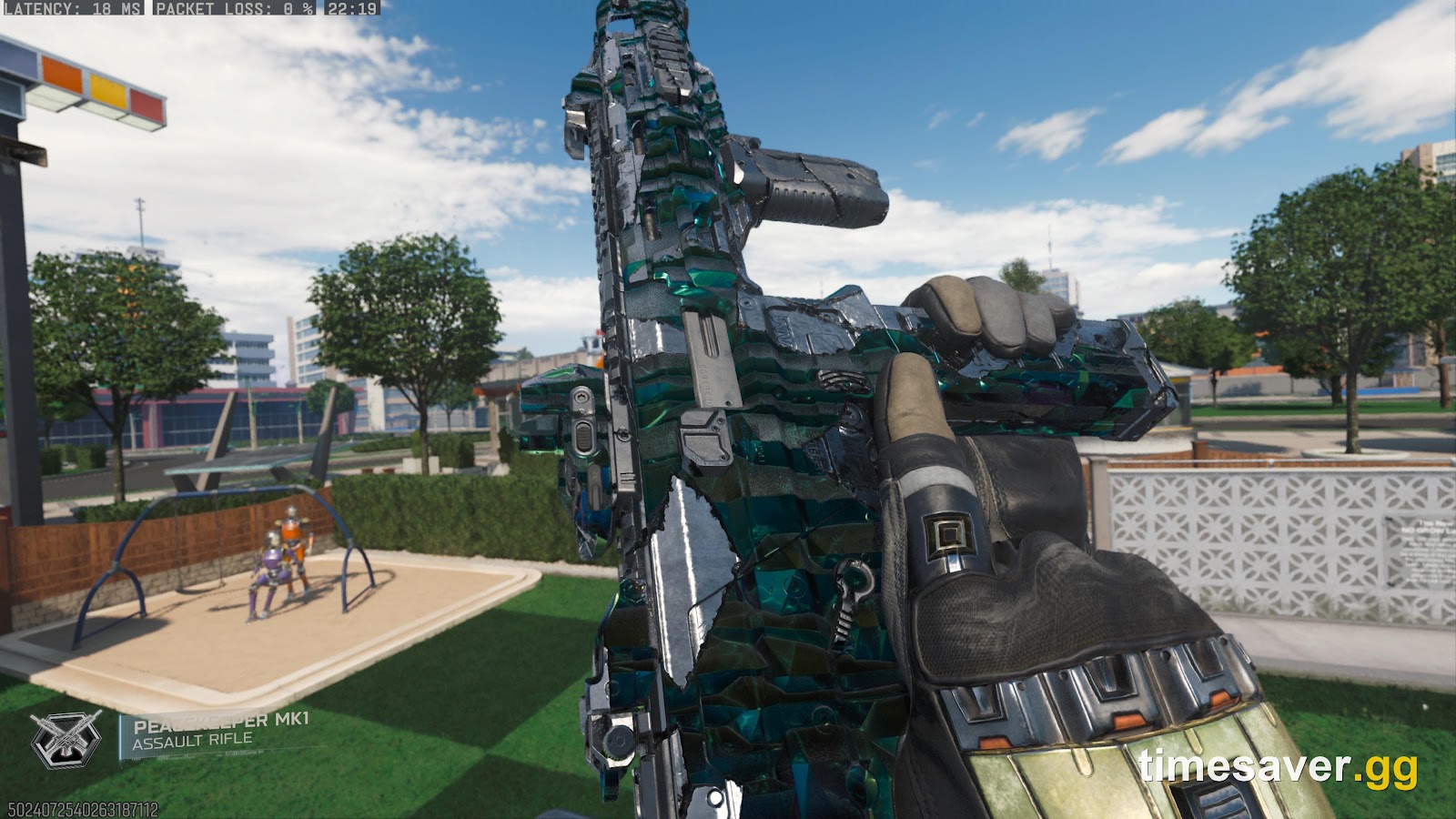 Black Ops 7 Starglass camo shown in-game — reflective glass-blue weapon finish during a Warzone match